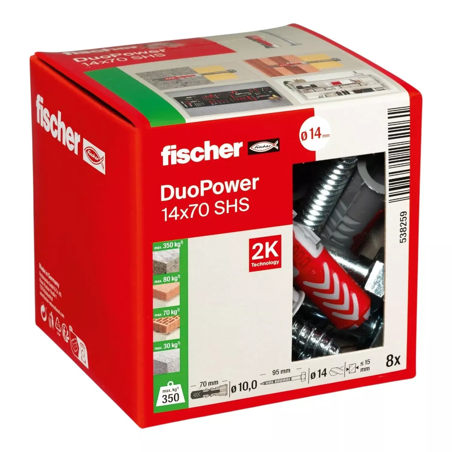 Universalus dvikomponentis kaištis DuoPower 14x70 S su varžtu, 8 vnt. FISCHER