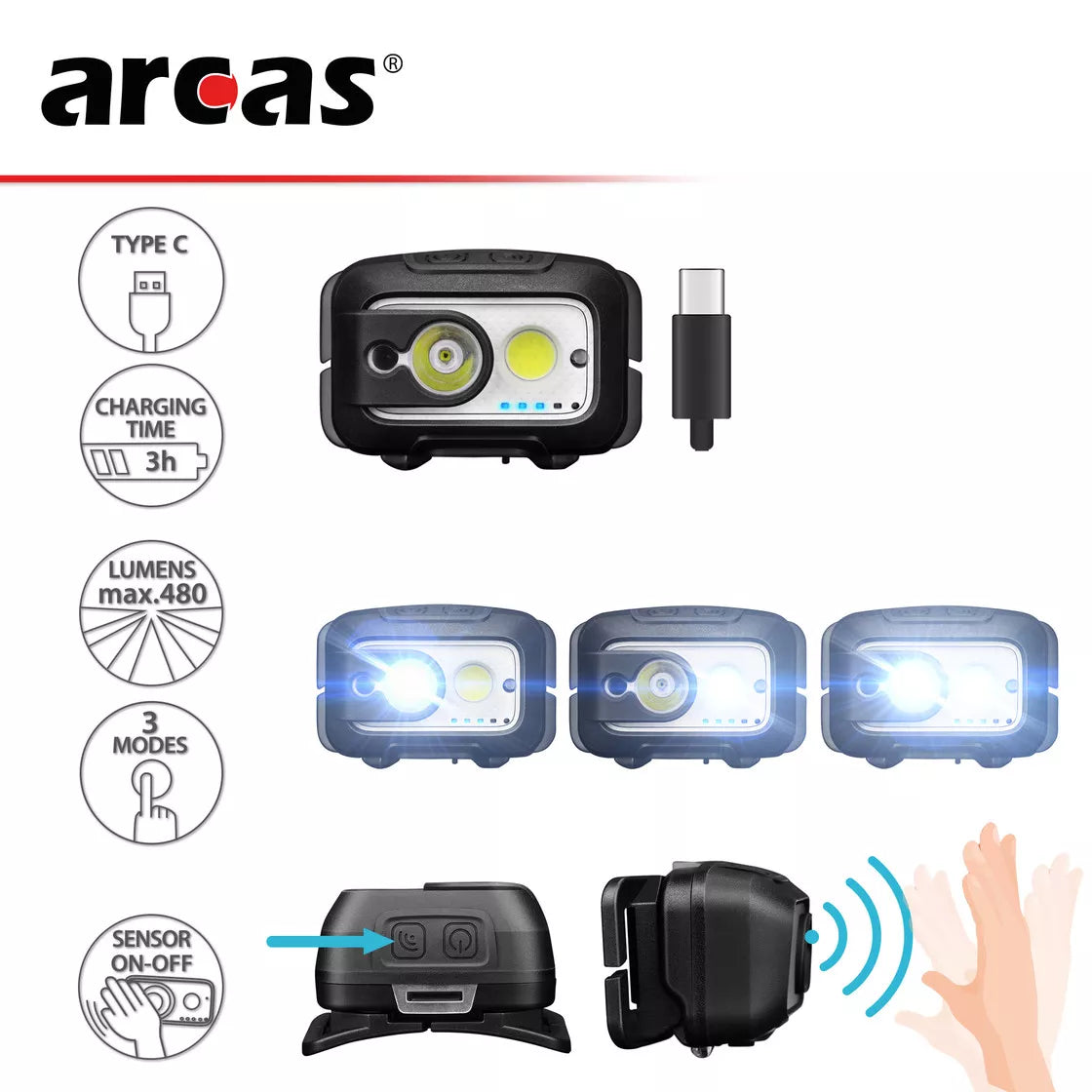 Galvos žibintuvėlis, 480lm, 9W, įkraunamas USB-C, ARCAS