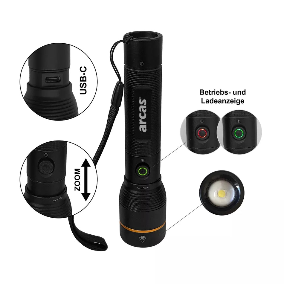 Rankinis žibintuvėlis 1000lm, 10W, įkraunamas USB-C, juodas, ARCAS