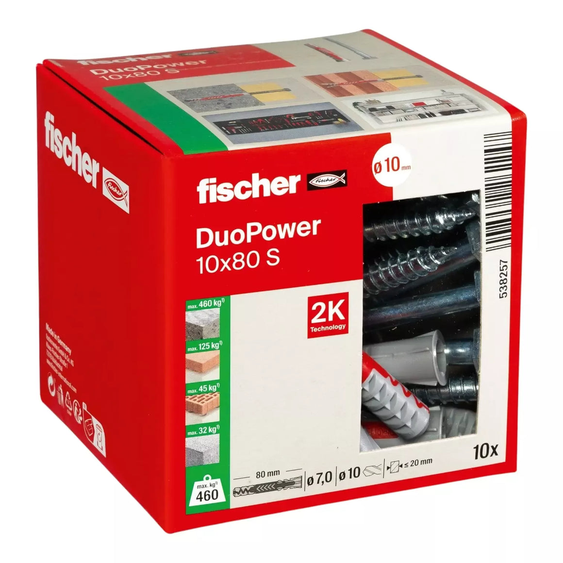 Universalus dvikomponentis kaištis DuoPower 10x80 S su varžtu, 10 vnt., FISCHER
