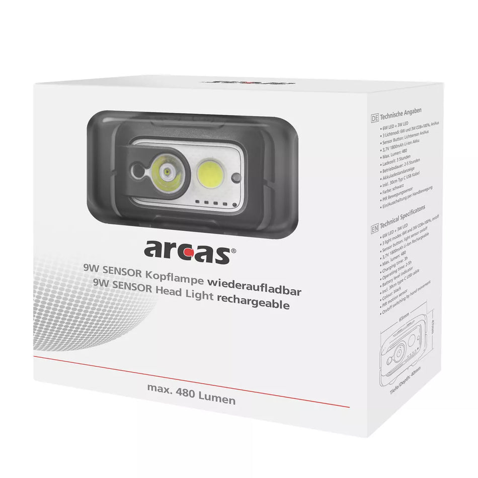 Galvos žibintuvėlis, 480lm, 9W, įkraunamas USB-C, ARCAS