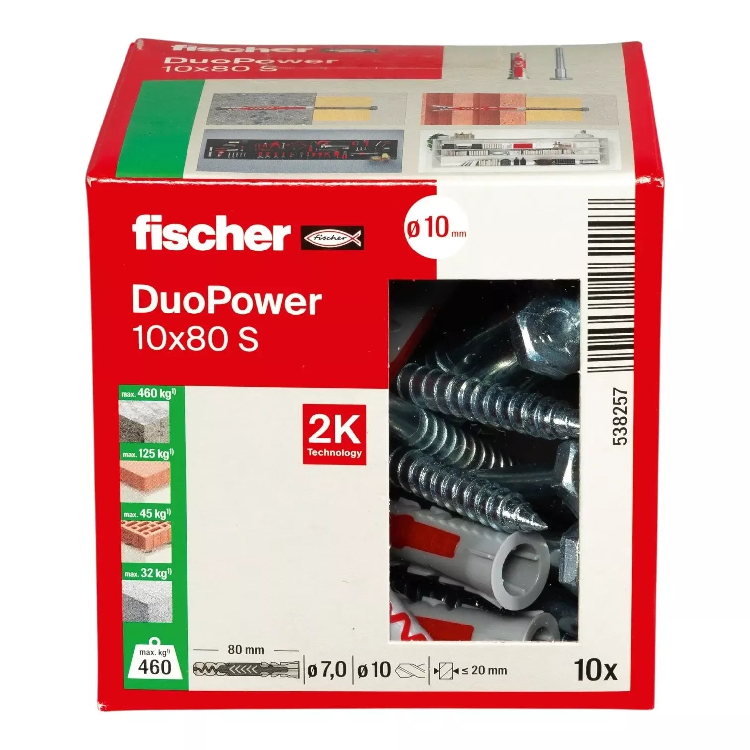 Universalus dvikomponentis kaištis DuoPower 10x80 S su varžtu, 10 vnt., FISCHER