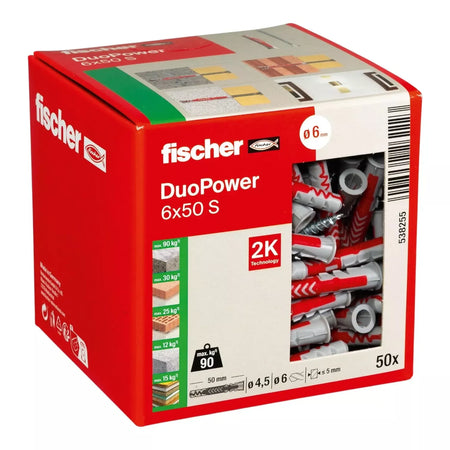 Universalus dvikomponentis kaištis DuoPower 6x50 S su varžtu, 50 vnt. FISCHER