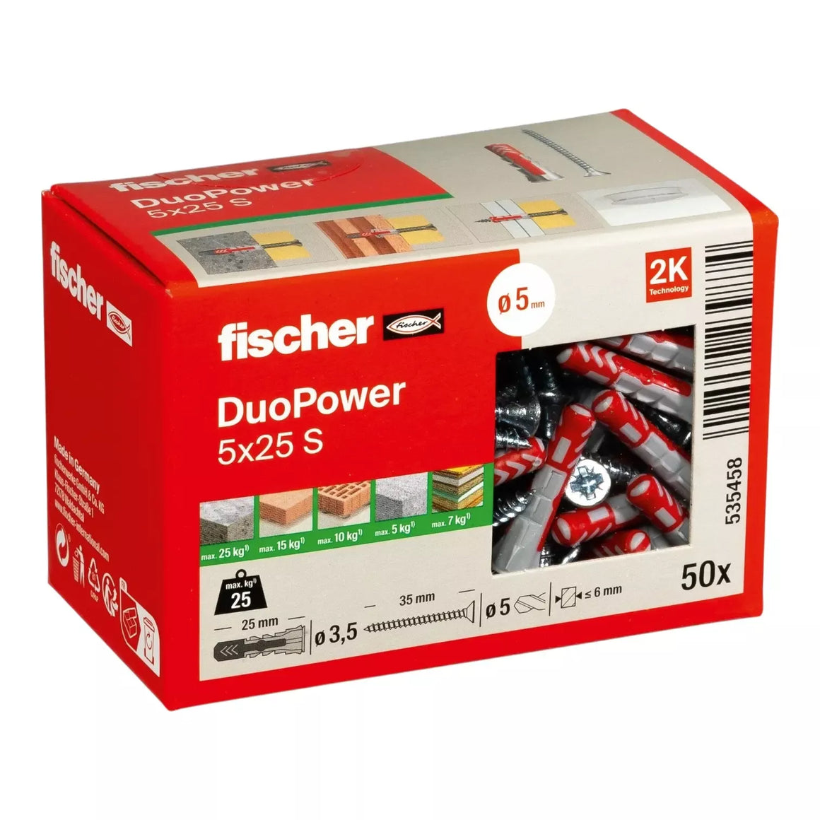 Universalus dvikomponentis kaištis DuoPower 5 x 25  S su varžtu, 50 vnt. FISCHER
