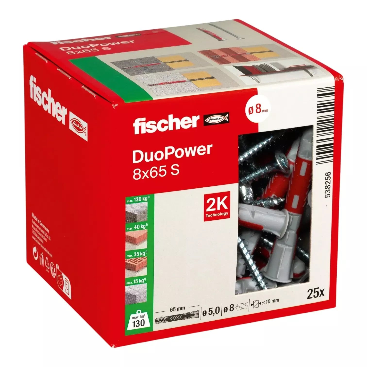 Universalus dvikomponentis kaištis DuoPower 8x65 S su varžtu, 25 vnt. FISCHER