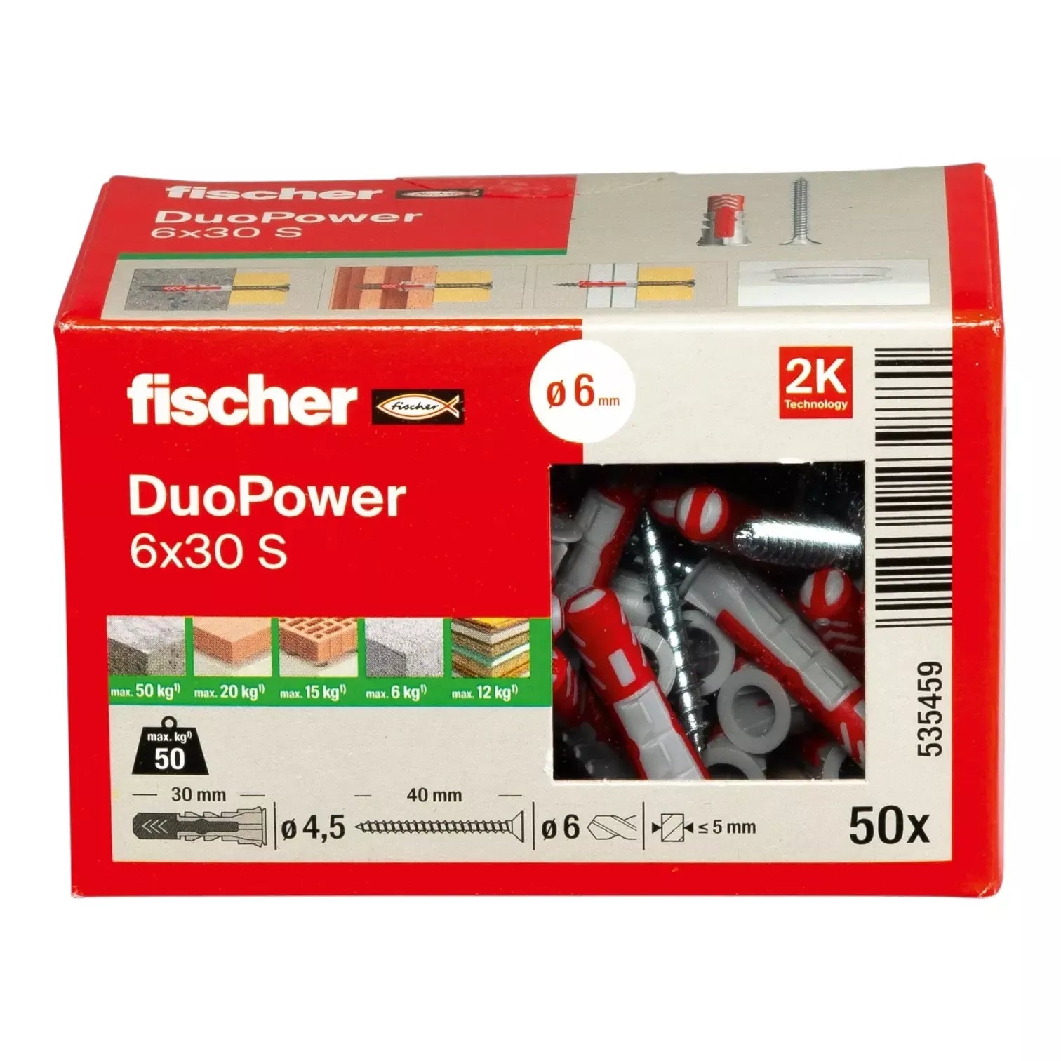 Universalus dvikomponentis kaištis DuoPower 6x30 S su varžtu, 50 vnt., FISCHER