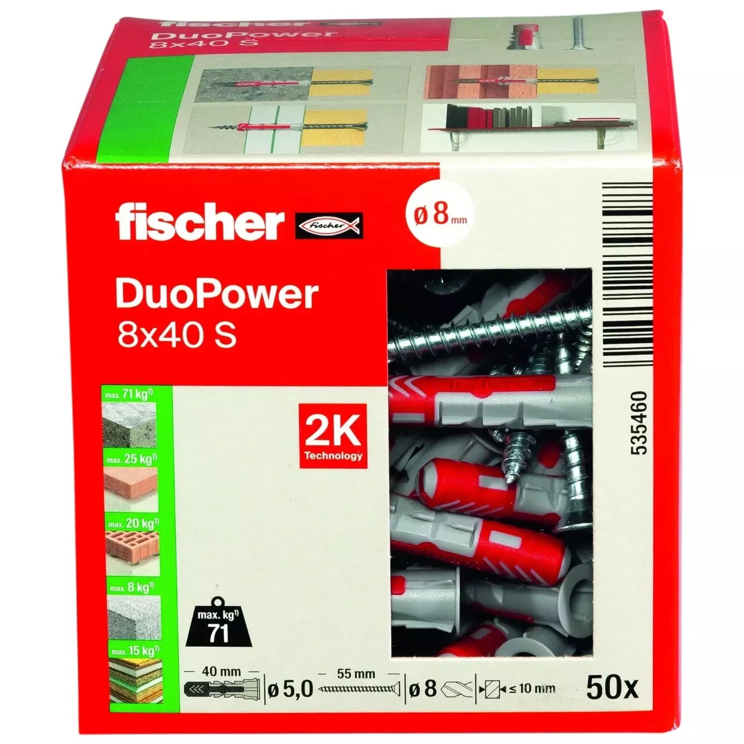 Universalus dvikomponentis kaištis DuoPower 8x40 S su varžtu, 50 vnt. FISCHER